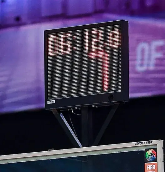 YS Basketball Hoop Shot Clock Pair indoor arena basketball shot clock above backboard